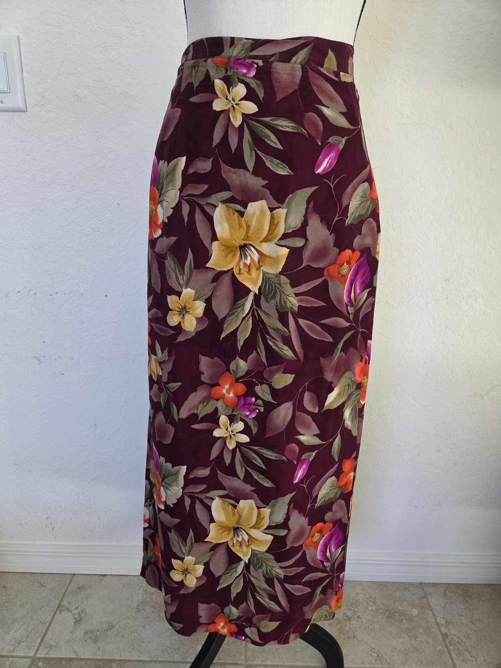 Jennifer Moore VTG 90s Burgundy Floral Silk Midi Skirt Sz 14 Cottagecore Grunge